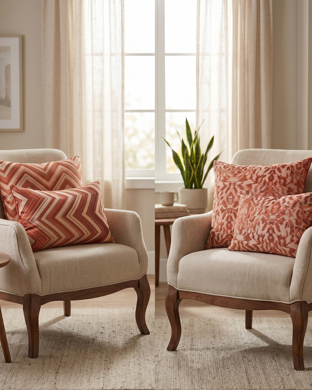 Réfection de fauteuils et confection de coussins sur-mesure à motifs orange.